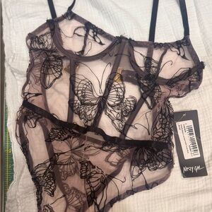 Nasty Gal Black Sheer Butterfly Corset Teddy